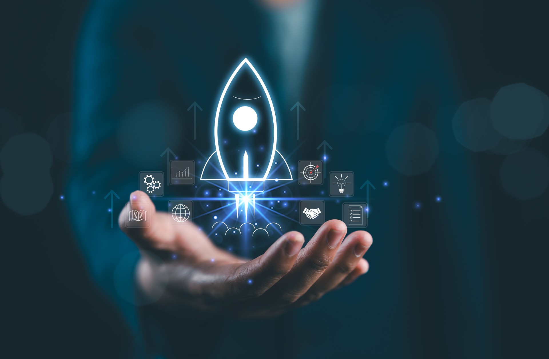 Entrepreneurship launch rocket start flying up and network line connection, the Startup concept plan development business project digital technology idea of leadership, strategy Startup growth