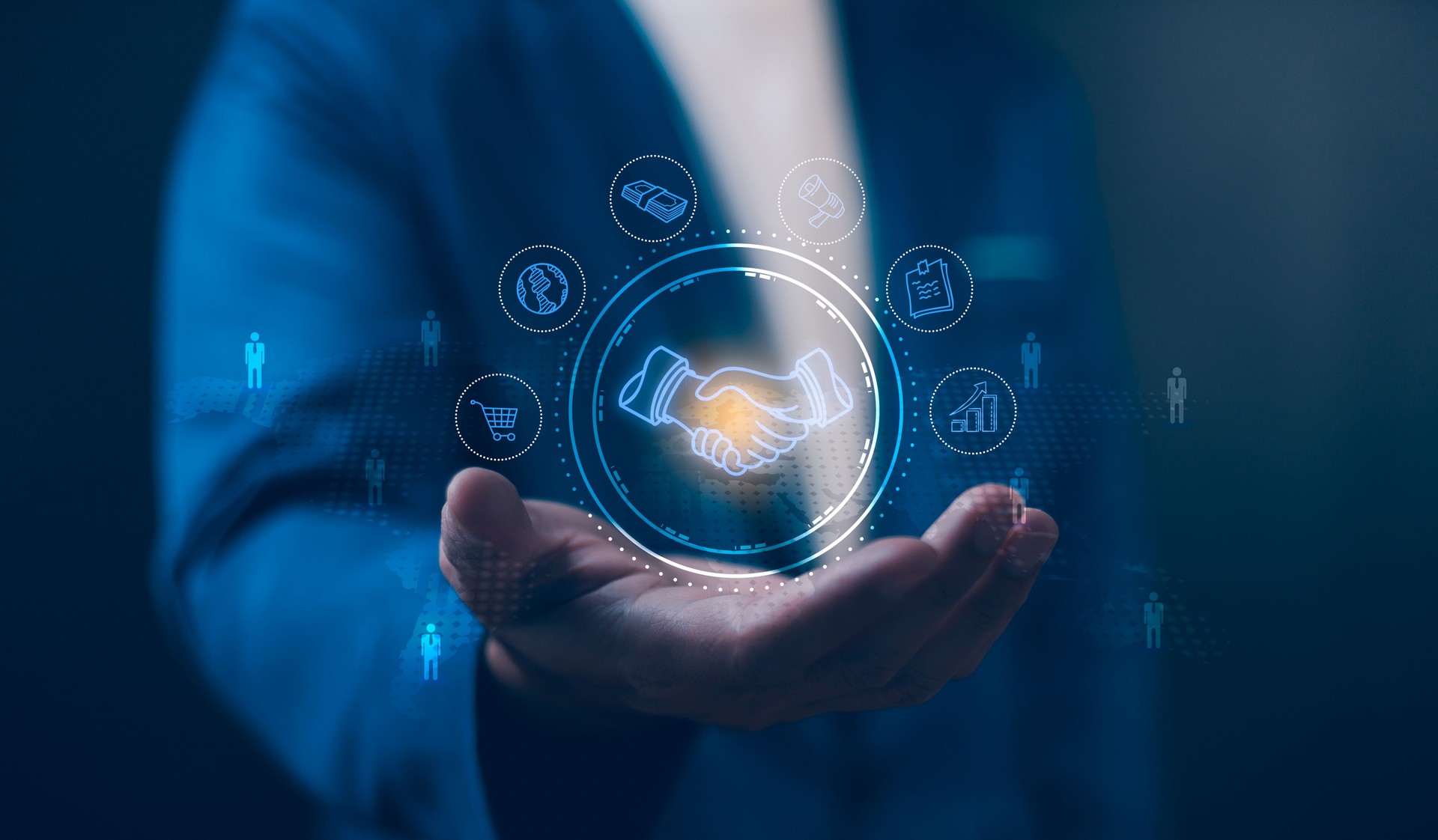 A businessman presents a holographic global partnership concept, with interconnected icons floating above his hand. Business partnerships concept. Business collaboration strategies.